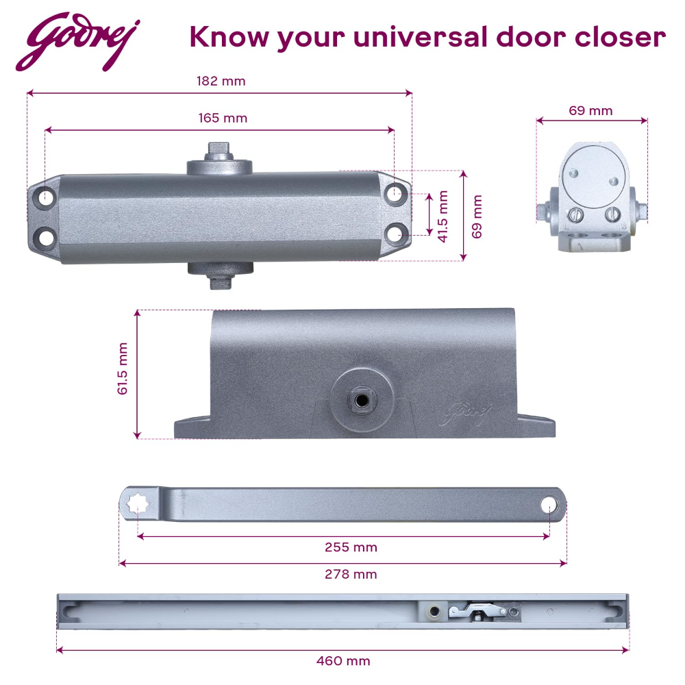 Godrej Door Closer | Cerus Universal Door Closer | Door Weight Capacity : 85kg to 120kg | Max Door Width: 950mm - 1400mm | Adjustable Power Size 3-6 | Pelmet Arm Design | Silver | 3 Yr Warranty
